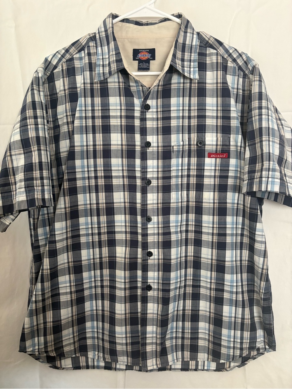 Dickies Men’s Navy, Light Blue and White Plaid Short-Sleeve Button-Up Shirt